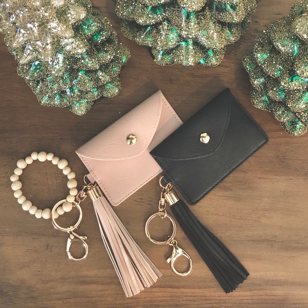 Card Wristlet with Tassel and Wooden Bead Bracelet